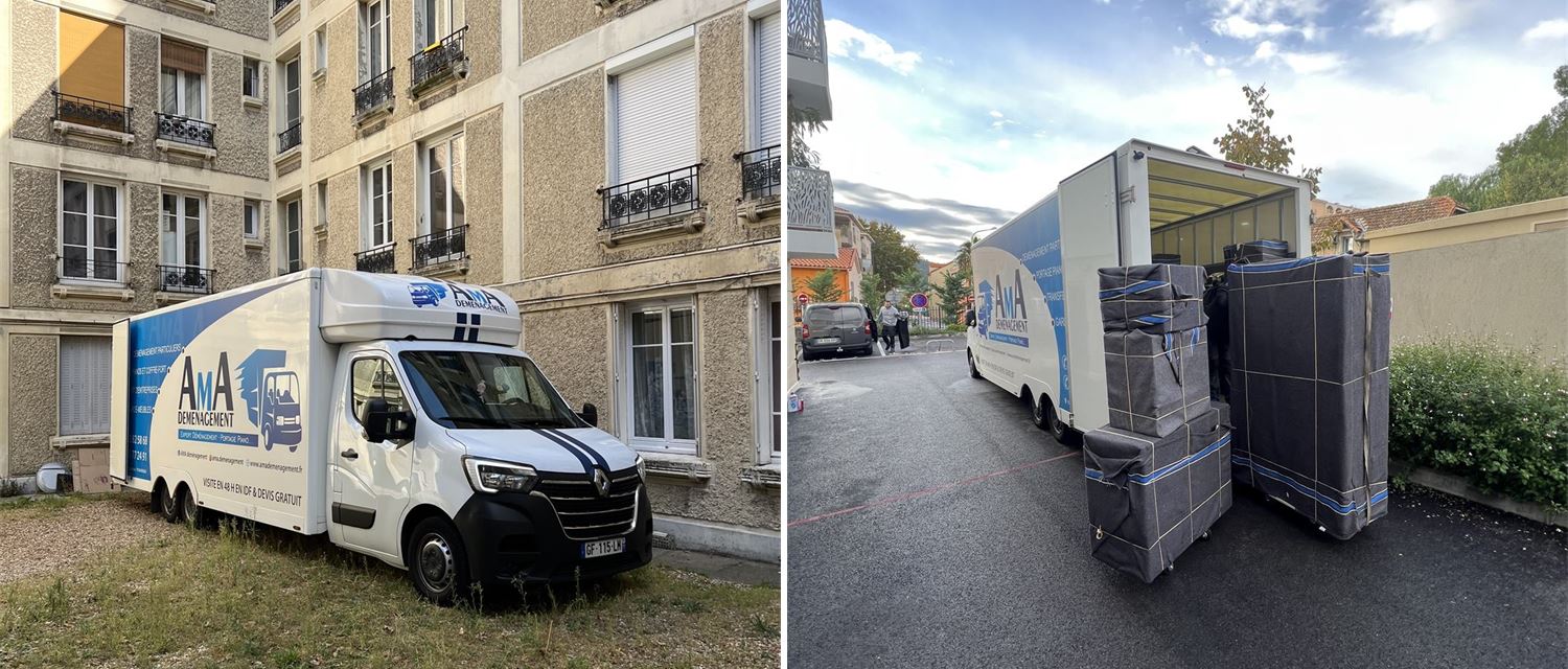 Camion AMA Déménagement au pied d'un immeuble, et chargement de meubles protégés sur chariots